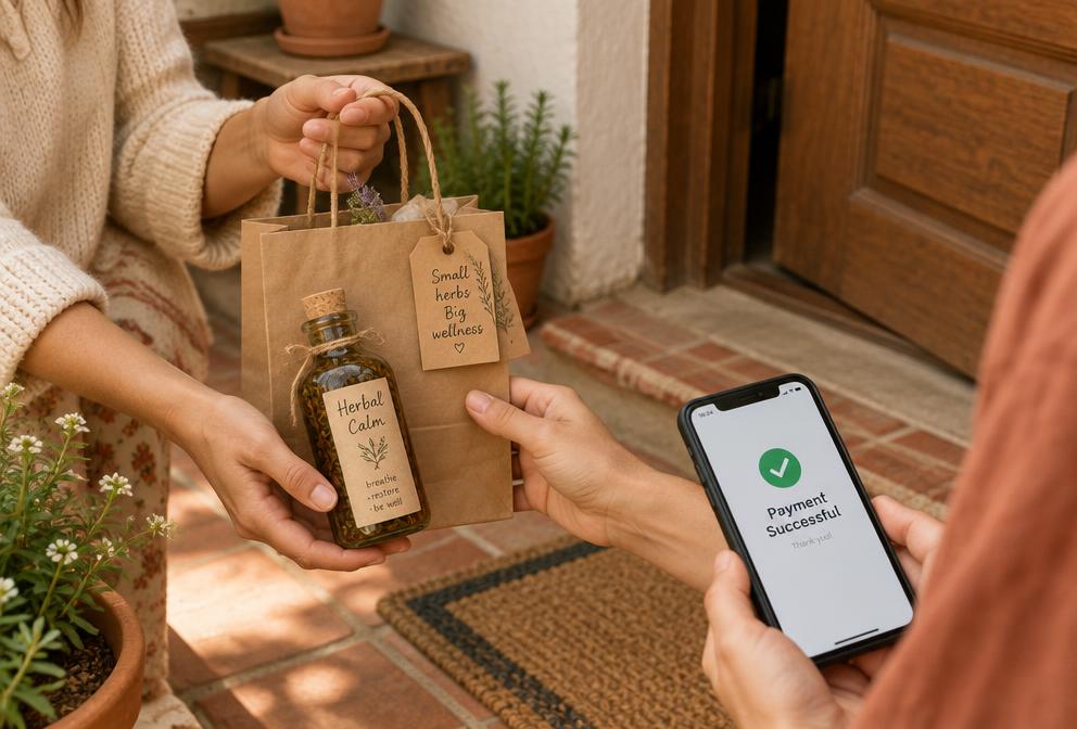 Entrega de uma sacolinha com produto artesanal e pagamento pelo celular